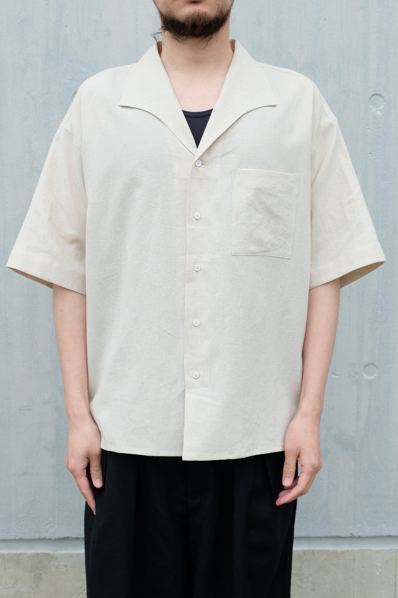 Gorsch the merry coachman "Italian Collar Short Sleeve Shirt / Cotton Linen Slab Cloth / CLAY"
