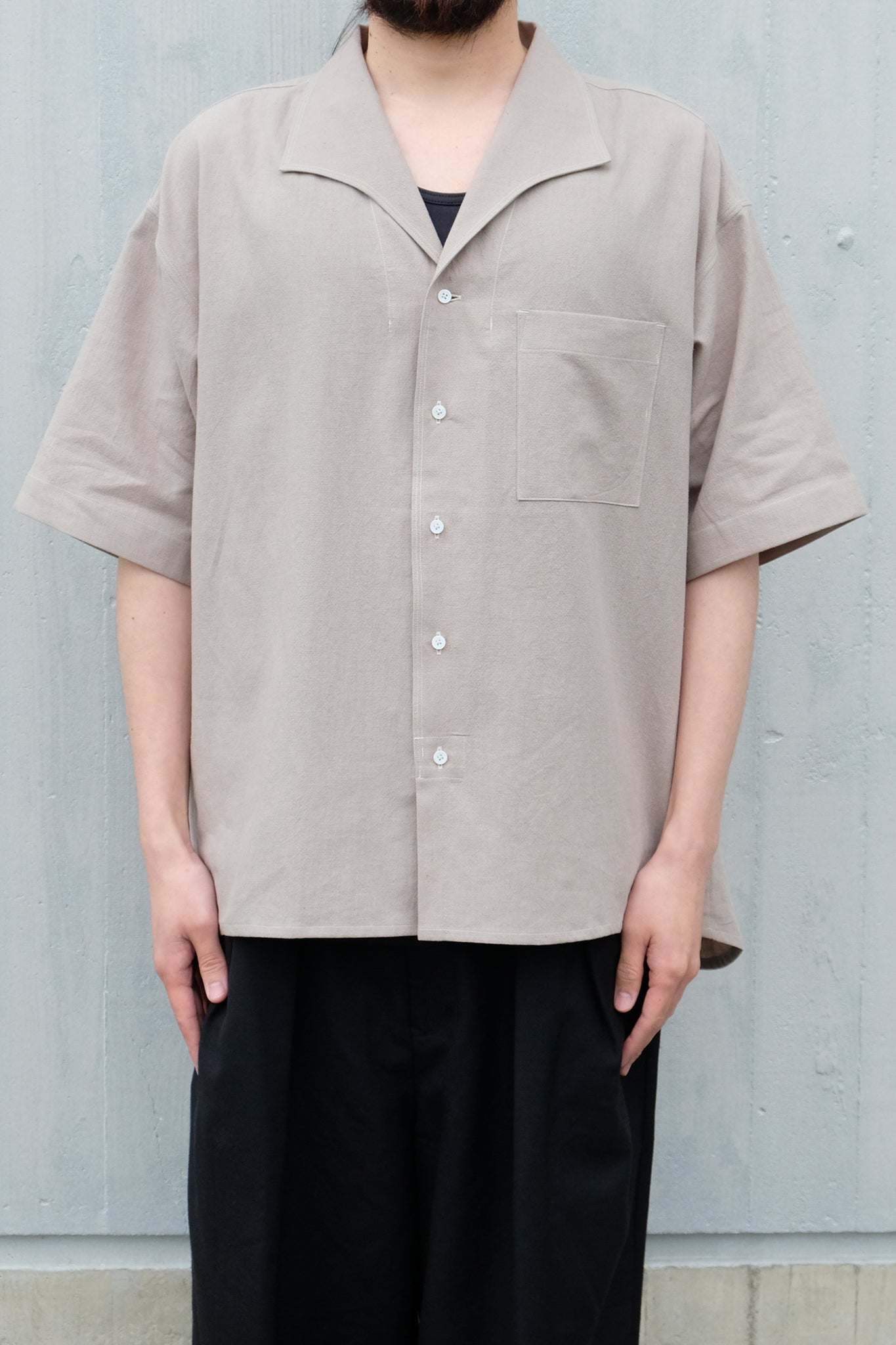 Gorsch the merry coachman "Italian Collar Short Sleeve Shirt / Cotton Linen Slab Cloth / MOSS"