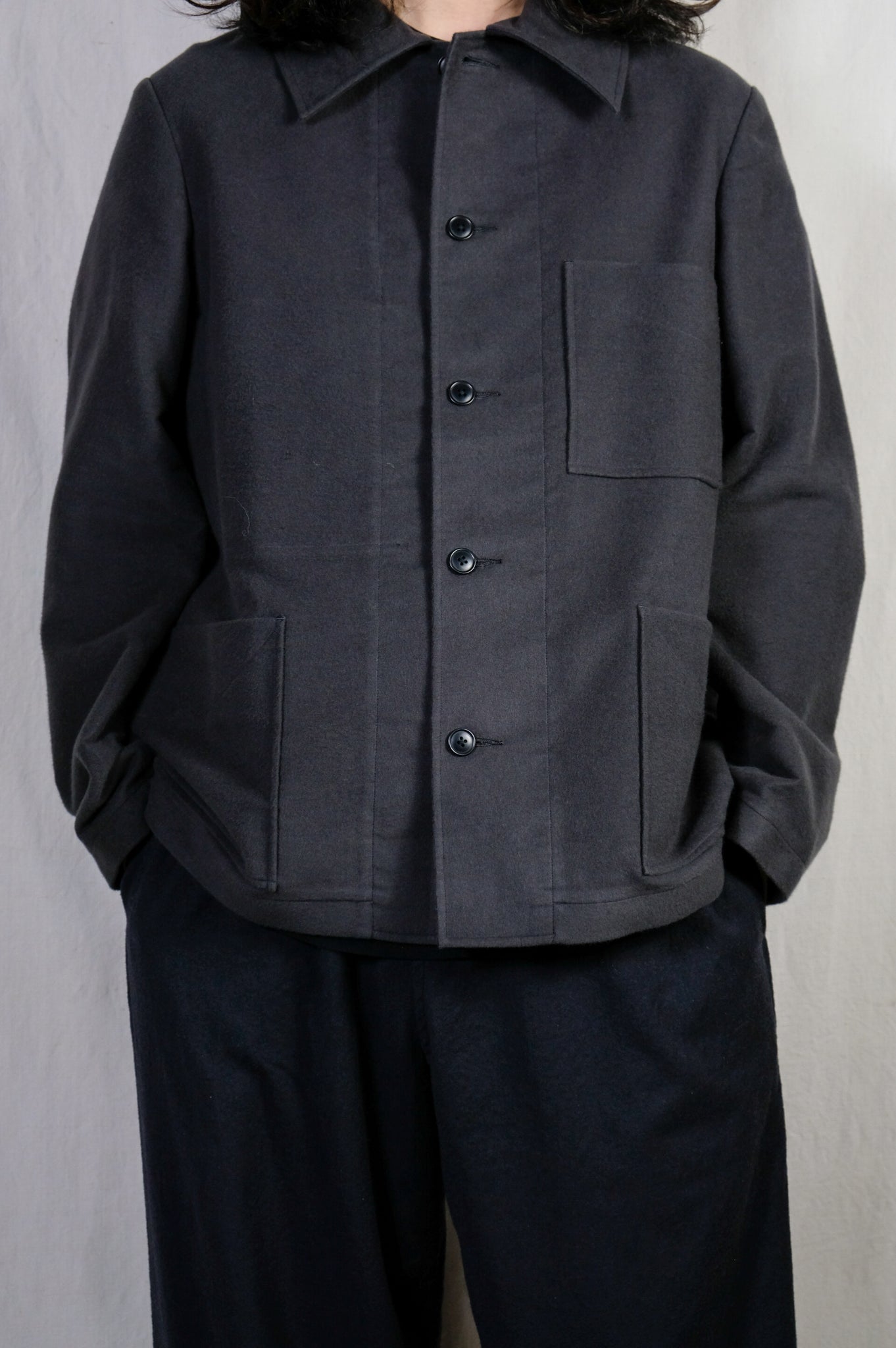 【40%OFF】Gorsch the seamster "BRUSHED COTTON SILK WIDE COLLAR WORKJACKET / CHARCOAL"