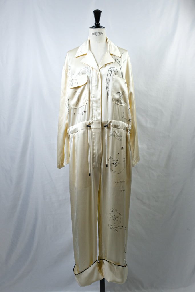 WONDEROUN "WORKSUIT W / DRAW STRING / PEARLS / SNAKE O&C DRAWING / CREAM"