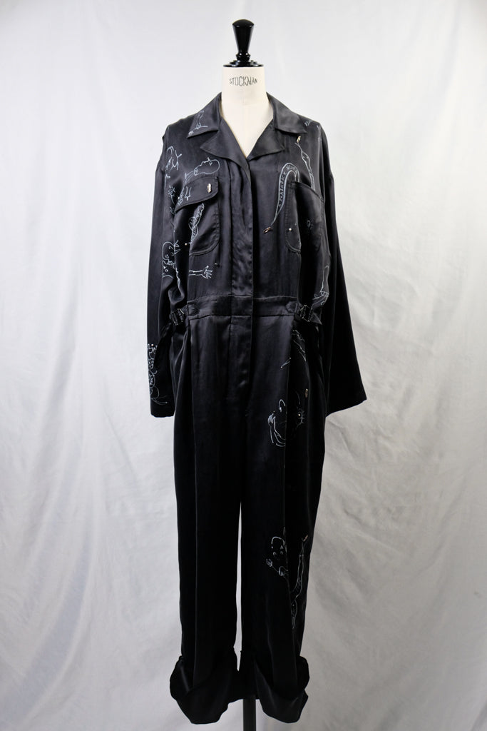 WONDEROUND"WORKSUIT W / SIDE BELT / PEARLS / SNAKE O&C DRAWING / BLACK"