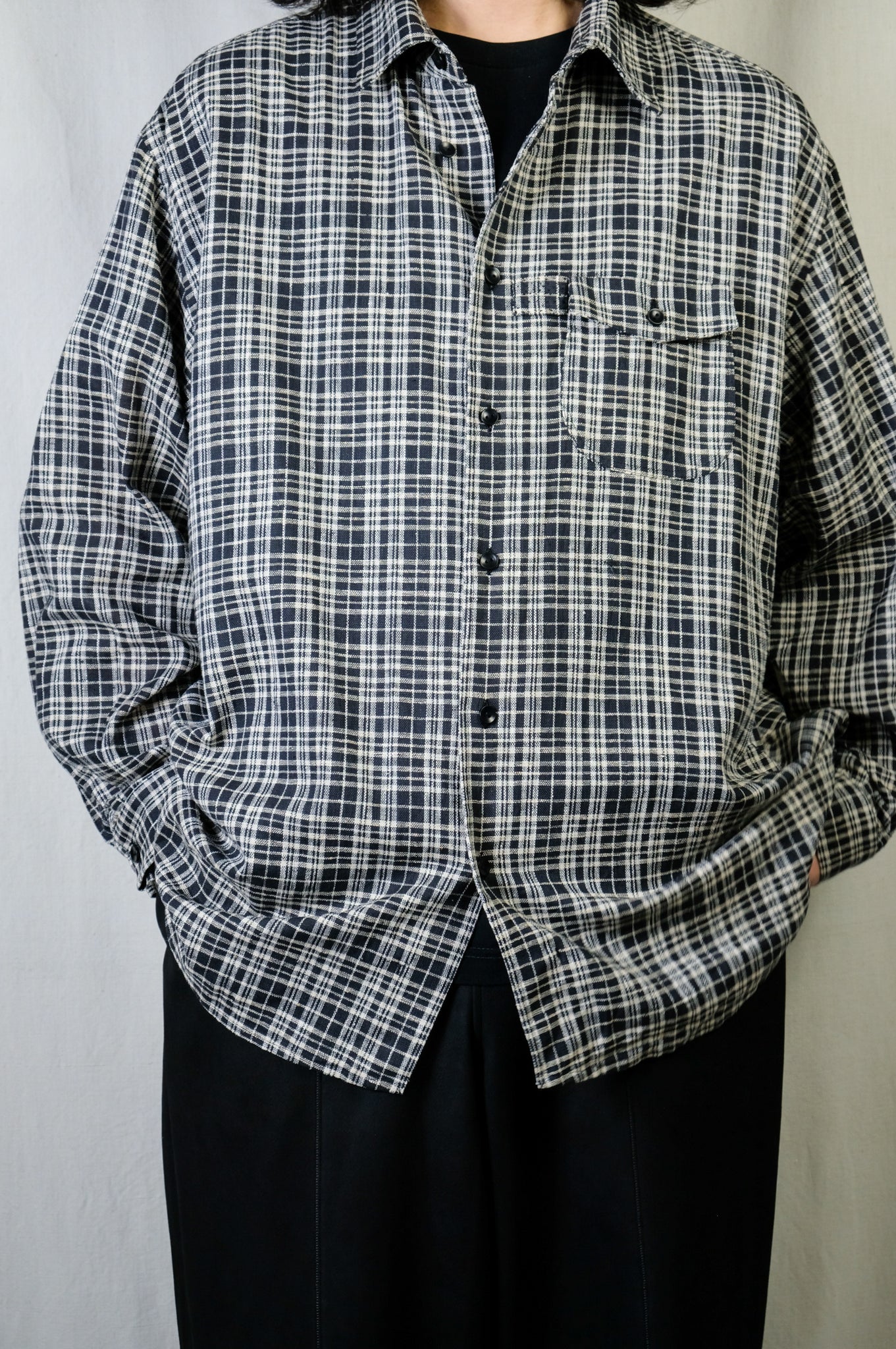 Gorsch the merry coachman × LOCALERS "VINTAGE FABRIC WIDE SHIRT / BLACK CHECK"