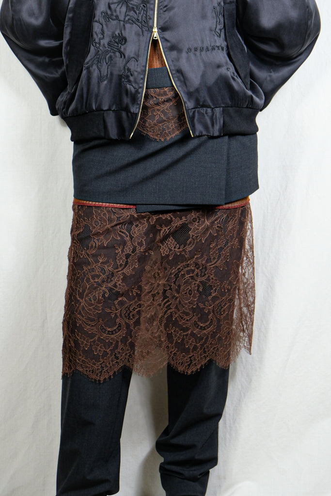 FUMIKA_UCHIDA "SUITING LACE WAIST PANTS / CHARCOAL / BROWN" 