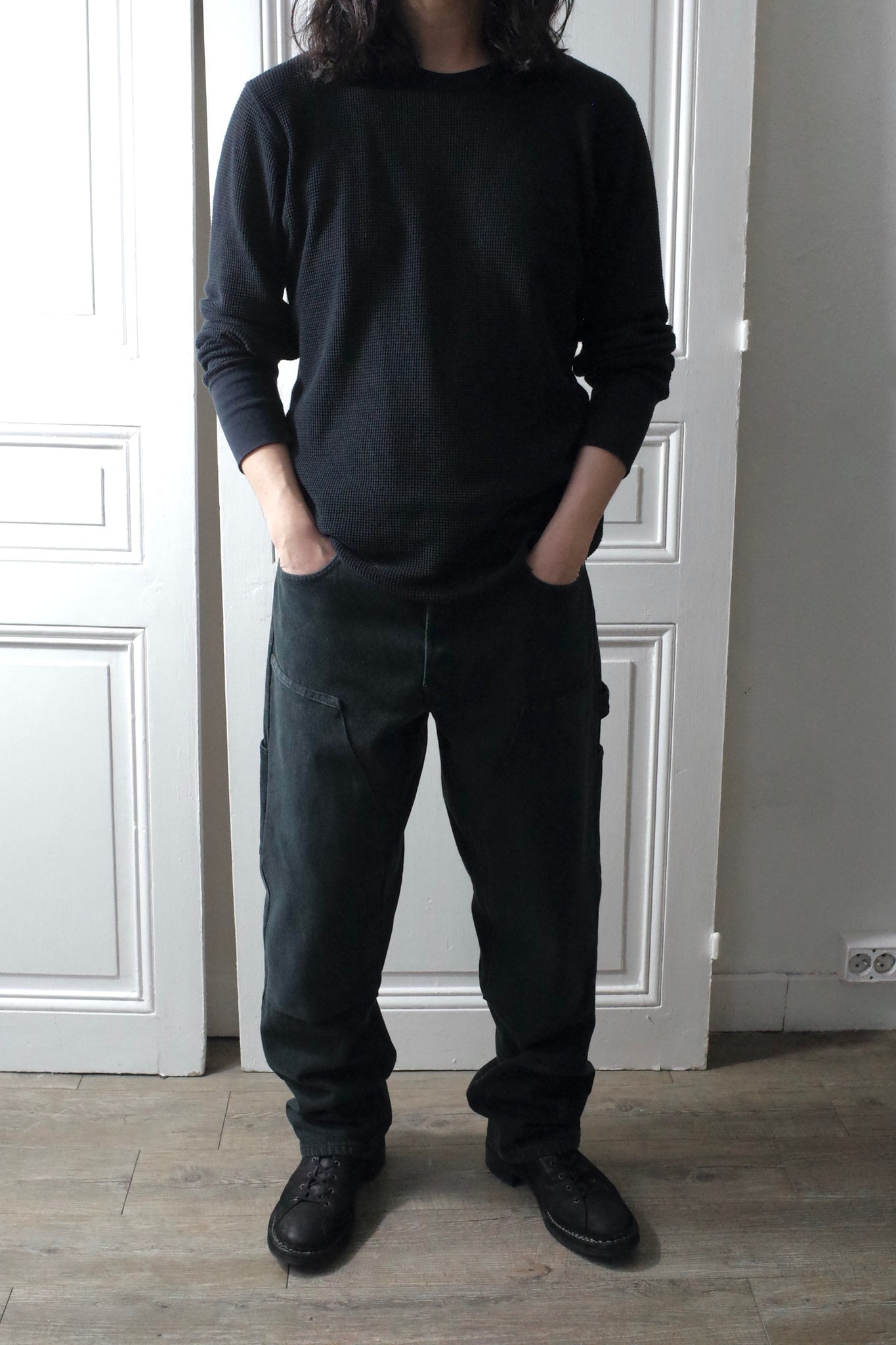 QBISM "DOUBLE KNEE REMAKE VINTAGE DENIM PANTS/BLACK "