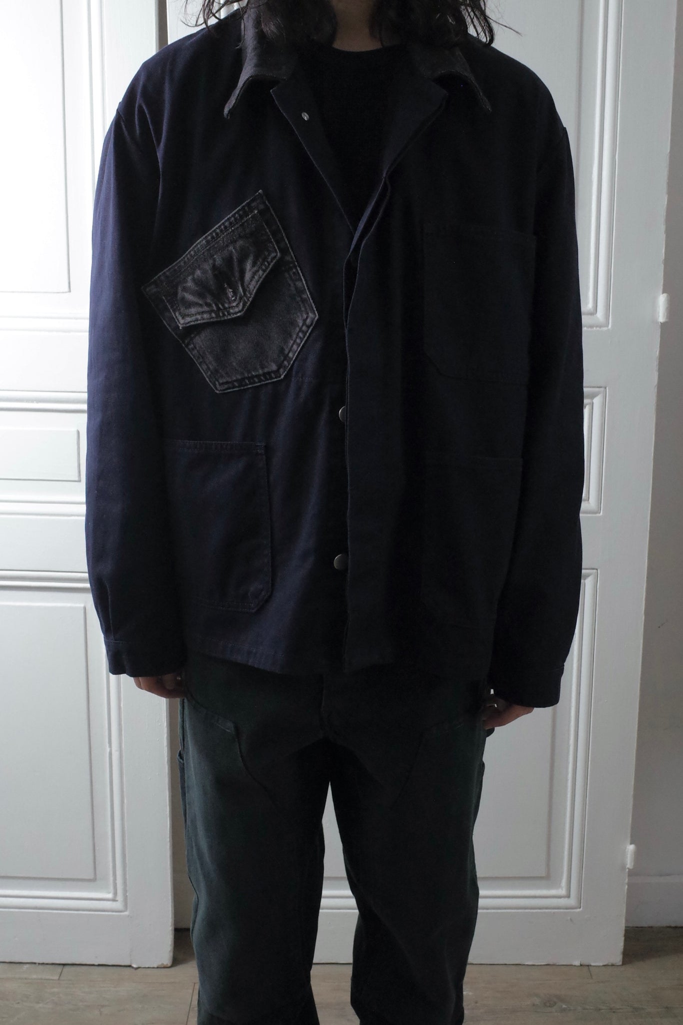 QBISM "METAL INSERTED COLLAR VINTAGE DENIM POCKET WORK JACKET"