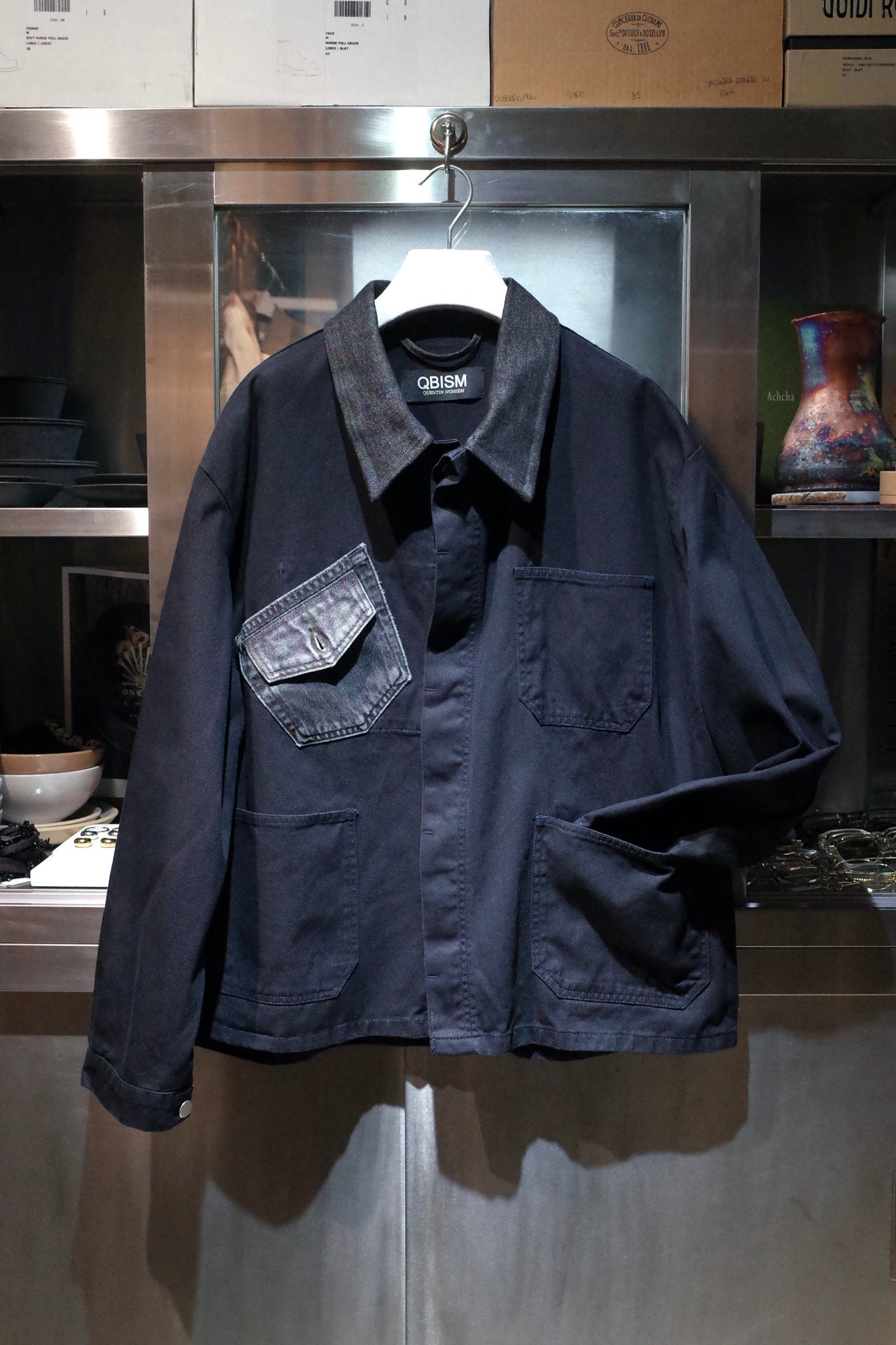 QBISM "METAL INSERTED COLLAR VINTAGE DENIM POCKET WORK JACKET"